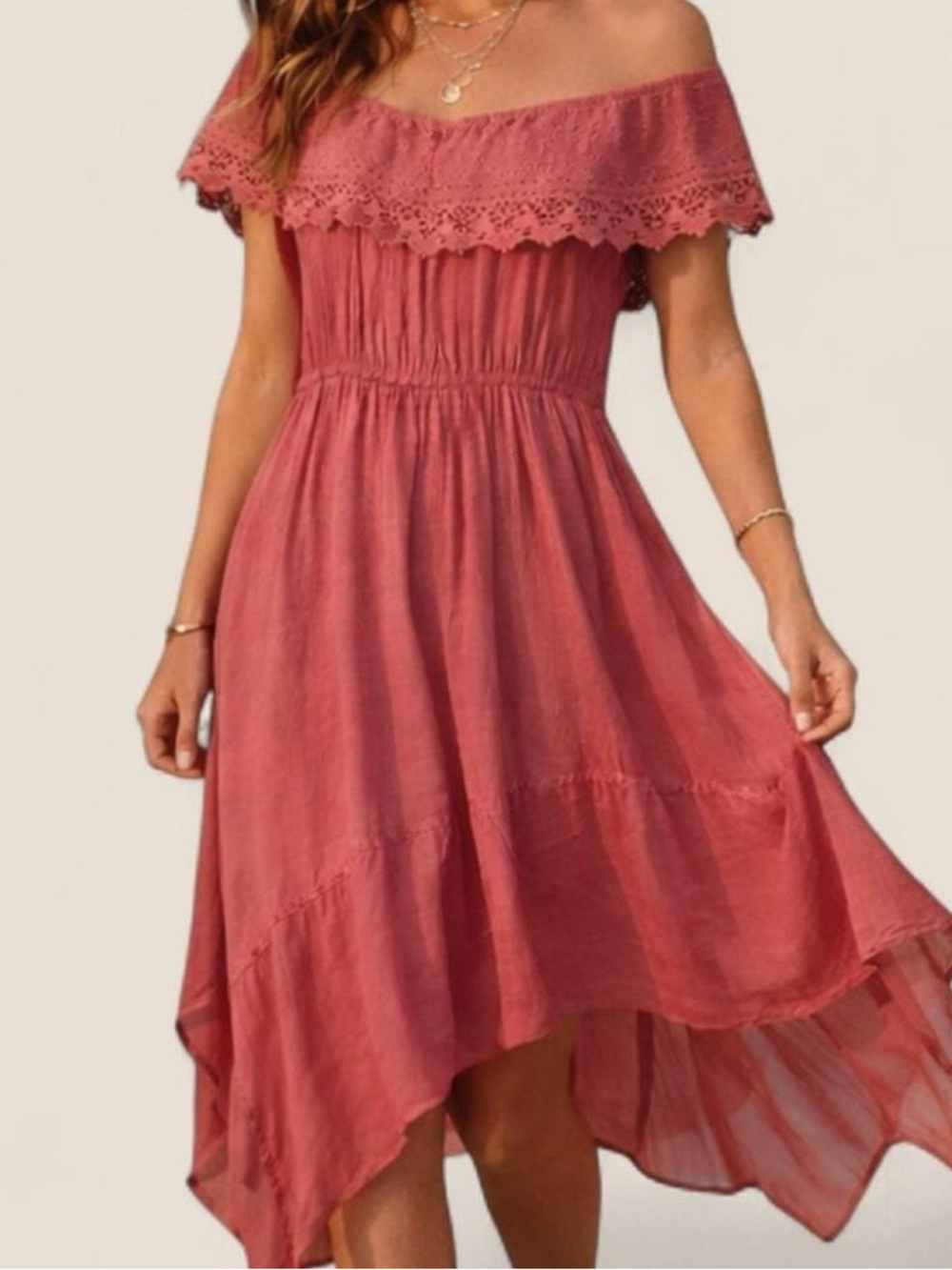 Vintage whimsy Boho Fairy Pink Lace Off Shoulder Asymmetrical Dress | medium